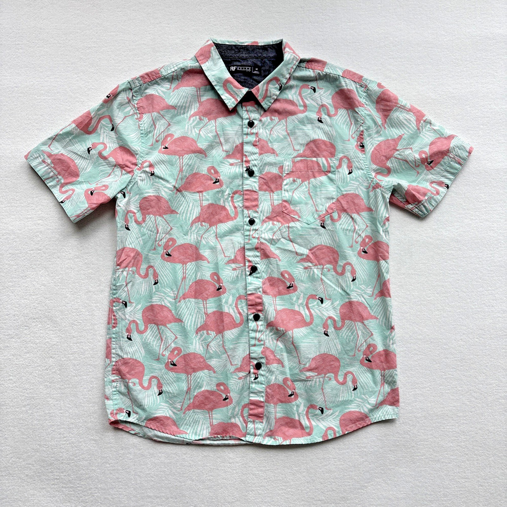 RF Brand MFG Men Medium Hawaiian Shirt‎ Flamingo Short Sleeve Tropical